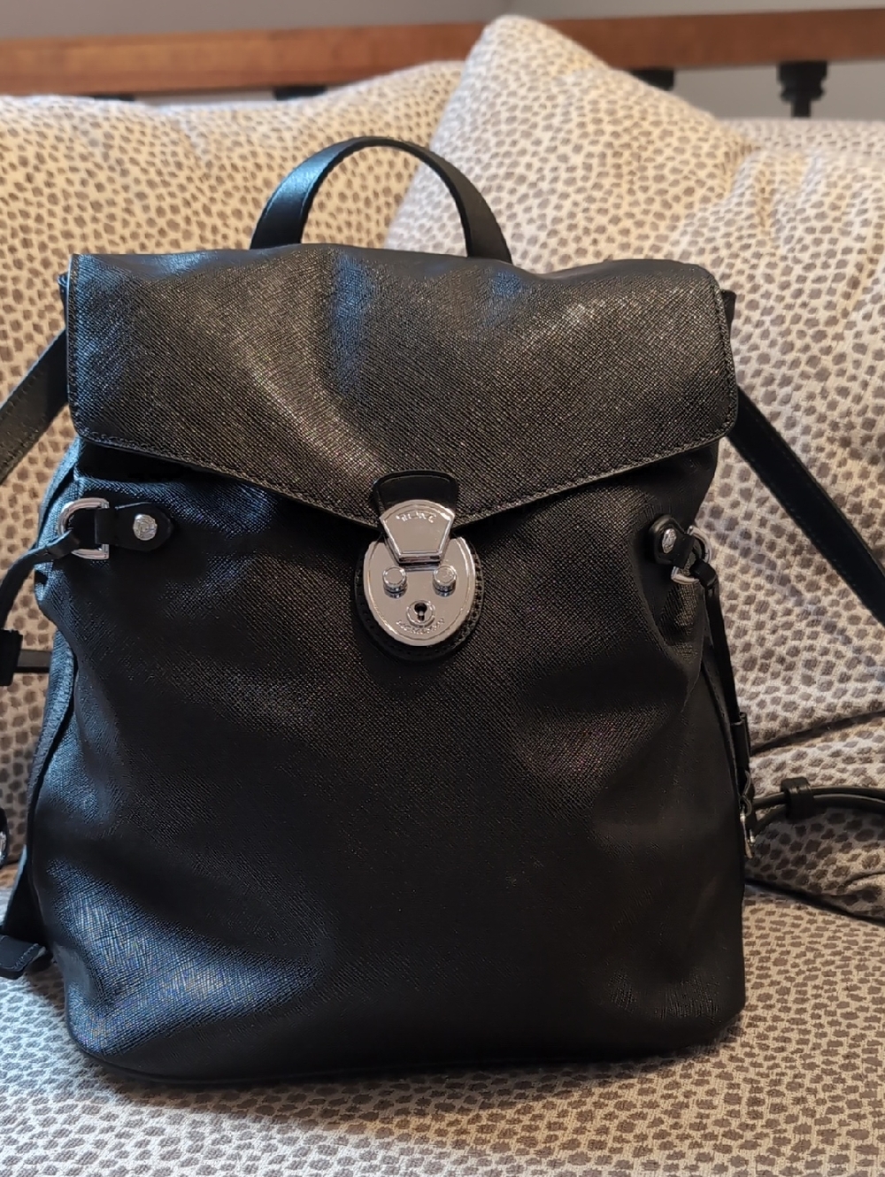Tumi Villa Black Leather Backpack/Purse Silver Hardware